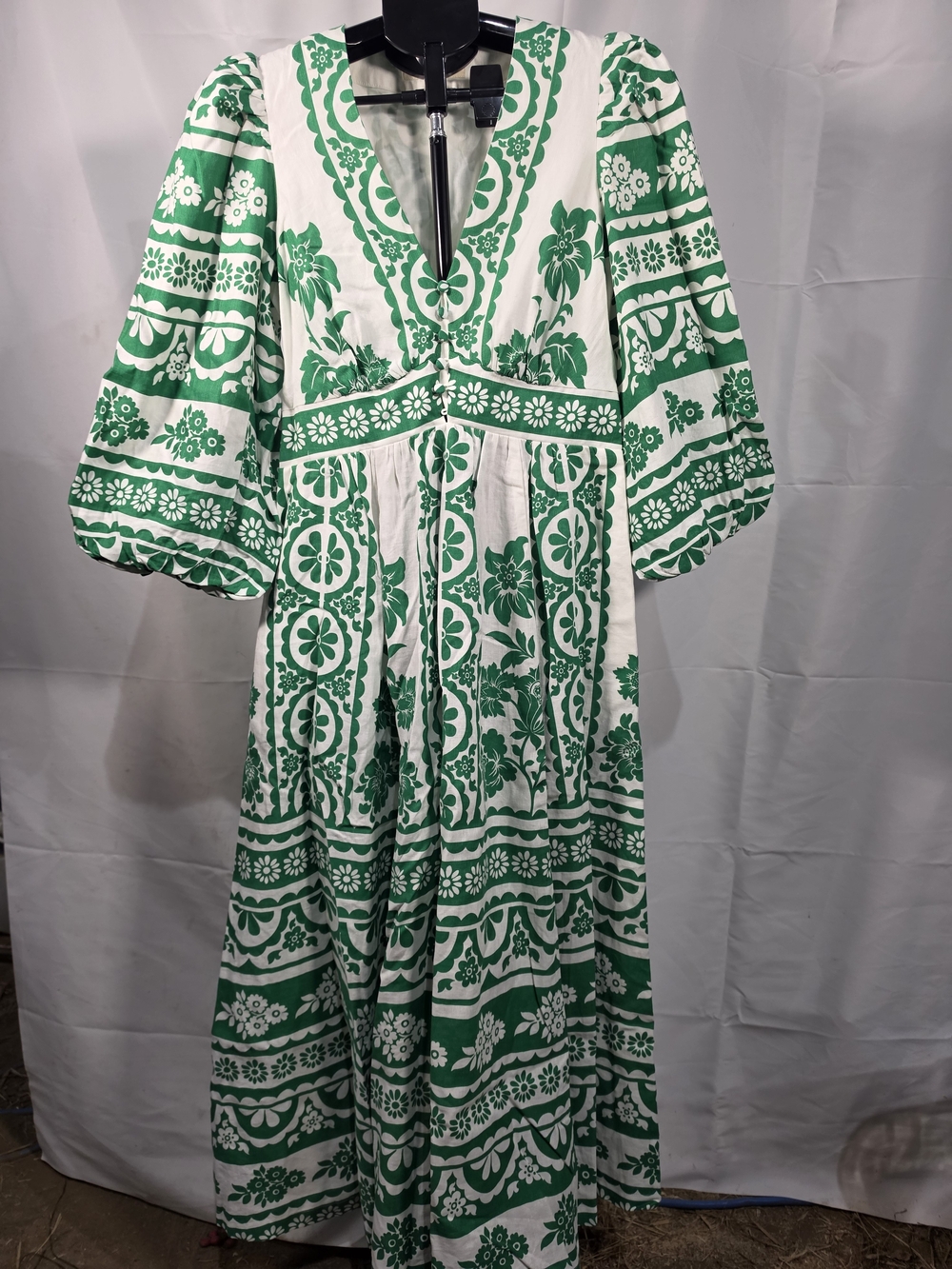 Boden Lola Blouson Floral Maxi Dress Emerald & White V-Neck With Puff Sleeves